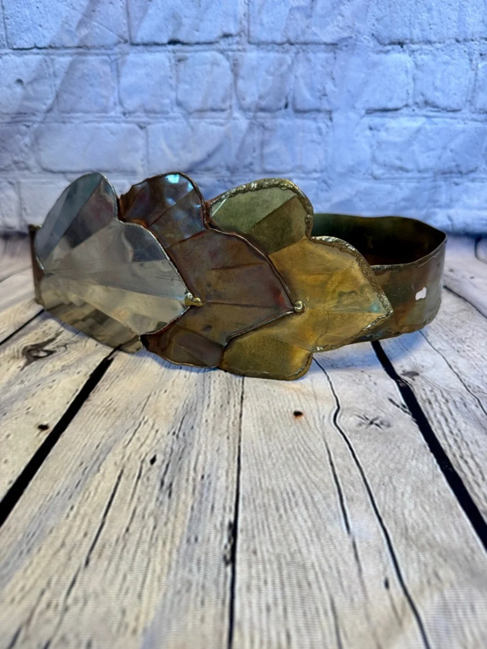 Vintage 80s Artisan Mixed Metal Scalloped Leaf Wide Belt Gaudy Unique Avantgarde